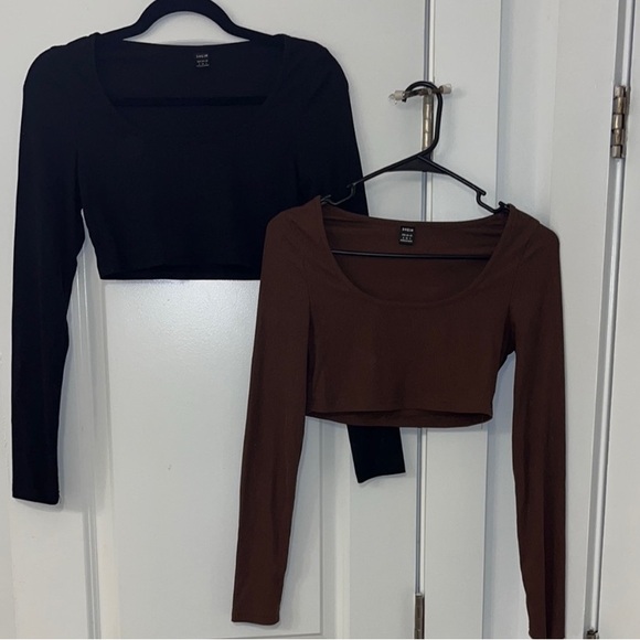 SHEIN Tops - SHEIN Black and Brown Long Sleeve Crop Tops Set